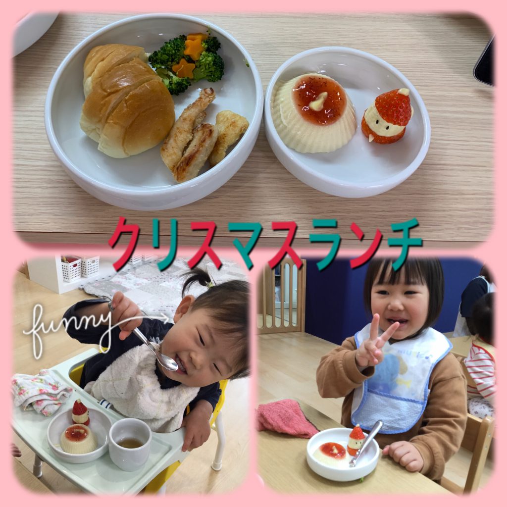 クリスマスの給食とサンタさんの形をしたデザート