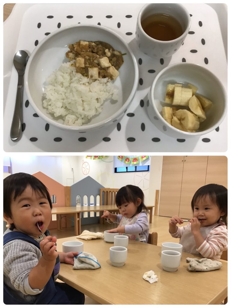 ご飯とマーボー豆腐バナナの給食