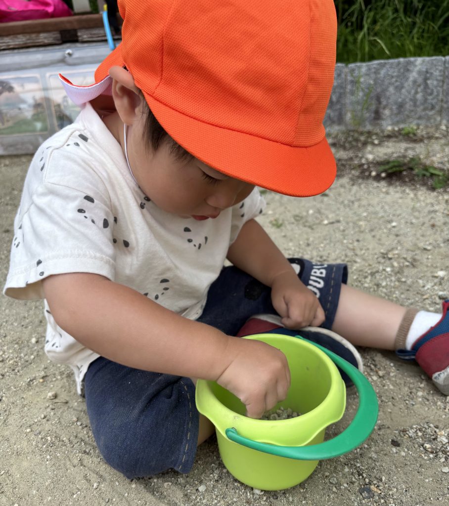 バケツにたくさんの石を集める園児